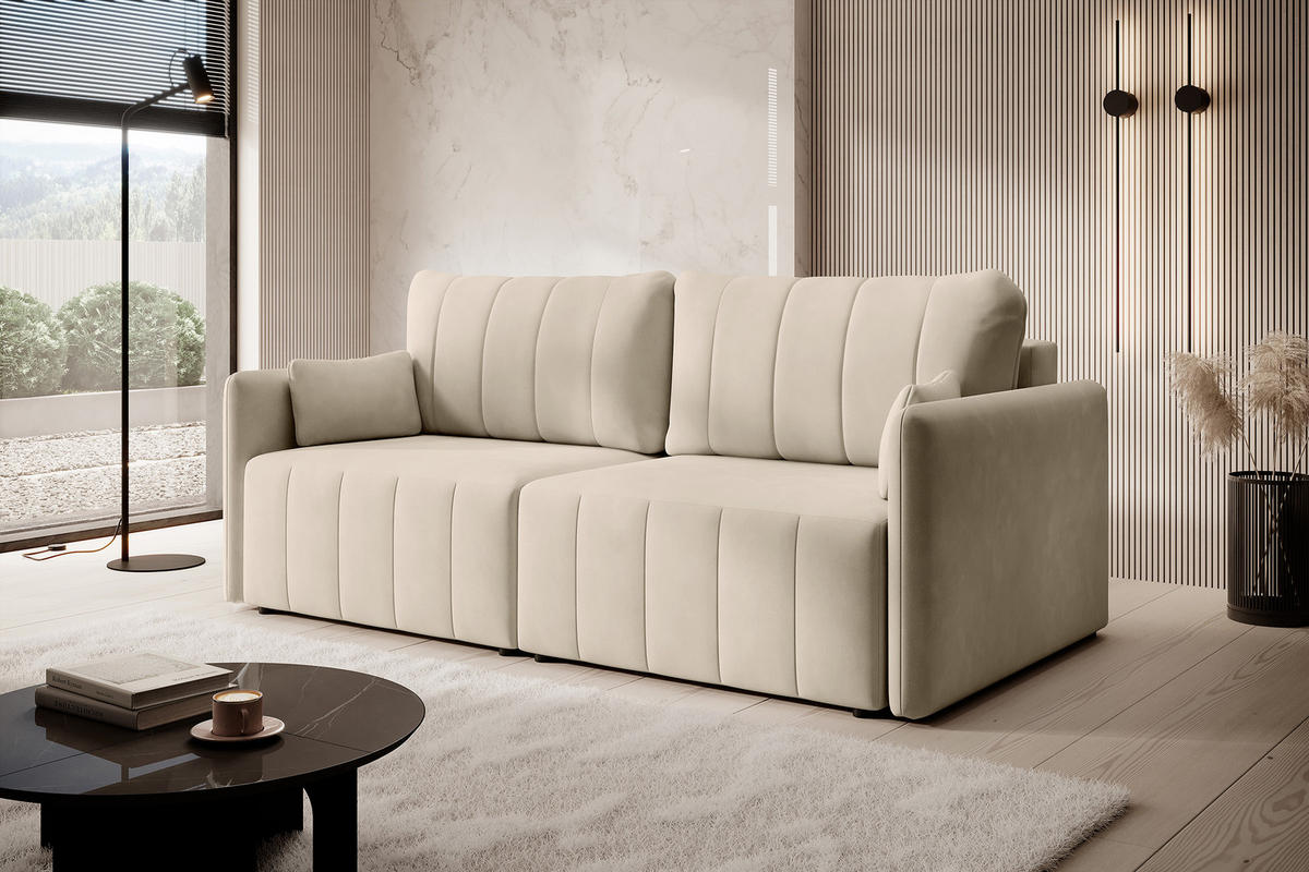 SCHLAFSOFA Pierra Cremeweiß hydrophober Samt - Creme/Schwarz, Kunststoff/Textil (215/100/112cm) - Selsey