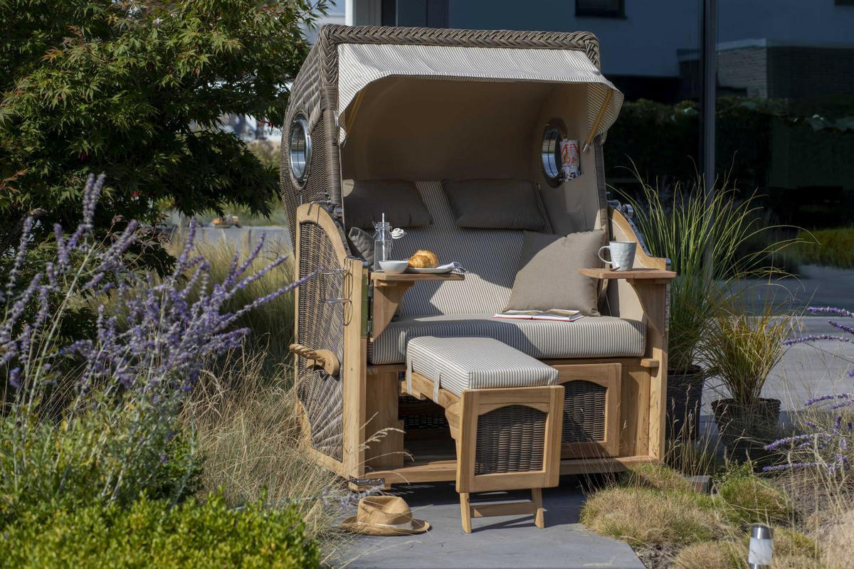 STRANDKORB Düne 2 Sitzer Teak PE Grey - Braun/Grau, Holz/Metall (125/170/80cm) - Mr. Deko