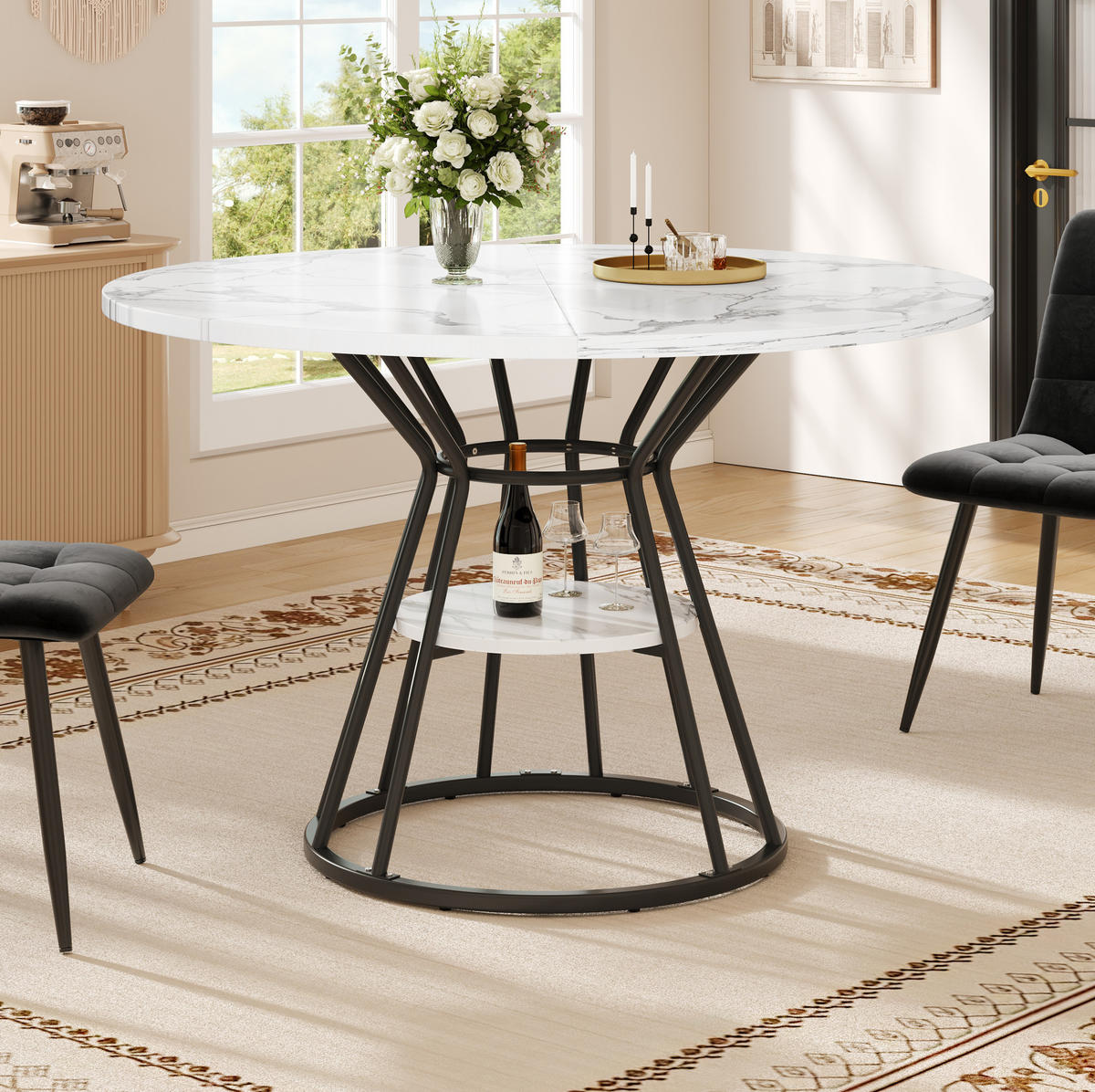 ESSTISCH 100x100x76 cm in Schwarz aus MDF mit Marmoroptik und Metallgestell mit Ablage - Schwarz, Holzwerkstoff (100/100/76cm) - Modfu