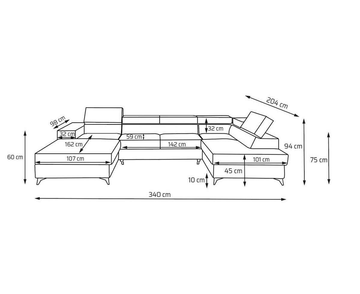 ECKSOFA PURE U Rechts mit Schlaffunktion 127x270 Velours Hellgrau - Hellgrau/Schwarz, Holz/Textil (204/340cm) - Muffo