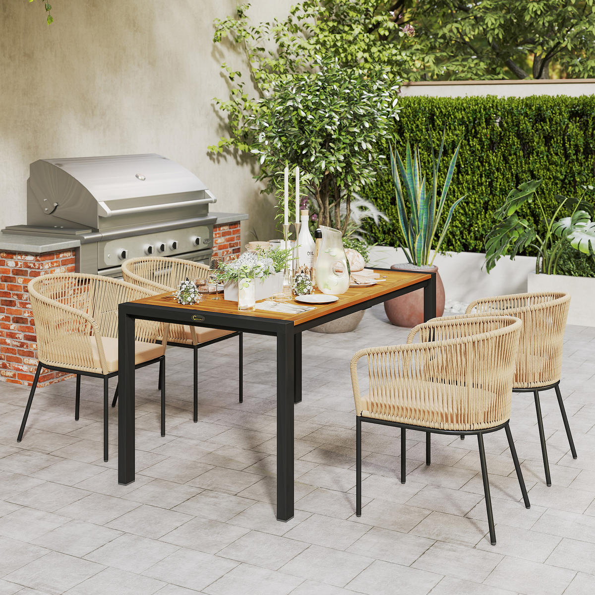 GARTENMÖBEL-SET DE-06739 5-teiliges, 4 Stühle & Tisch, waschbare Kissen Khaki - Taupe/Naturfarben, Holz/Kunststoff - ComfortXL