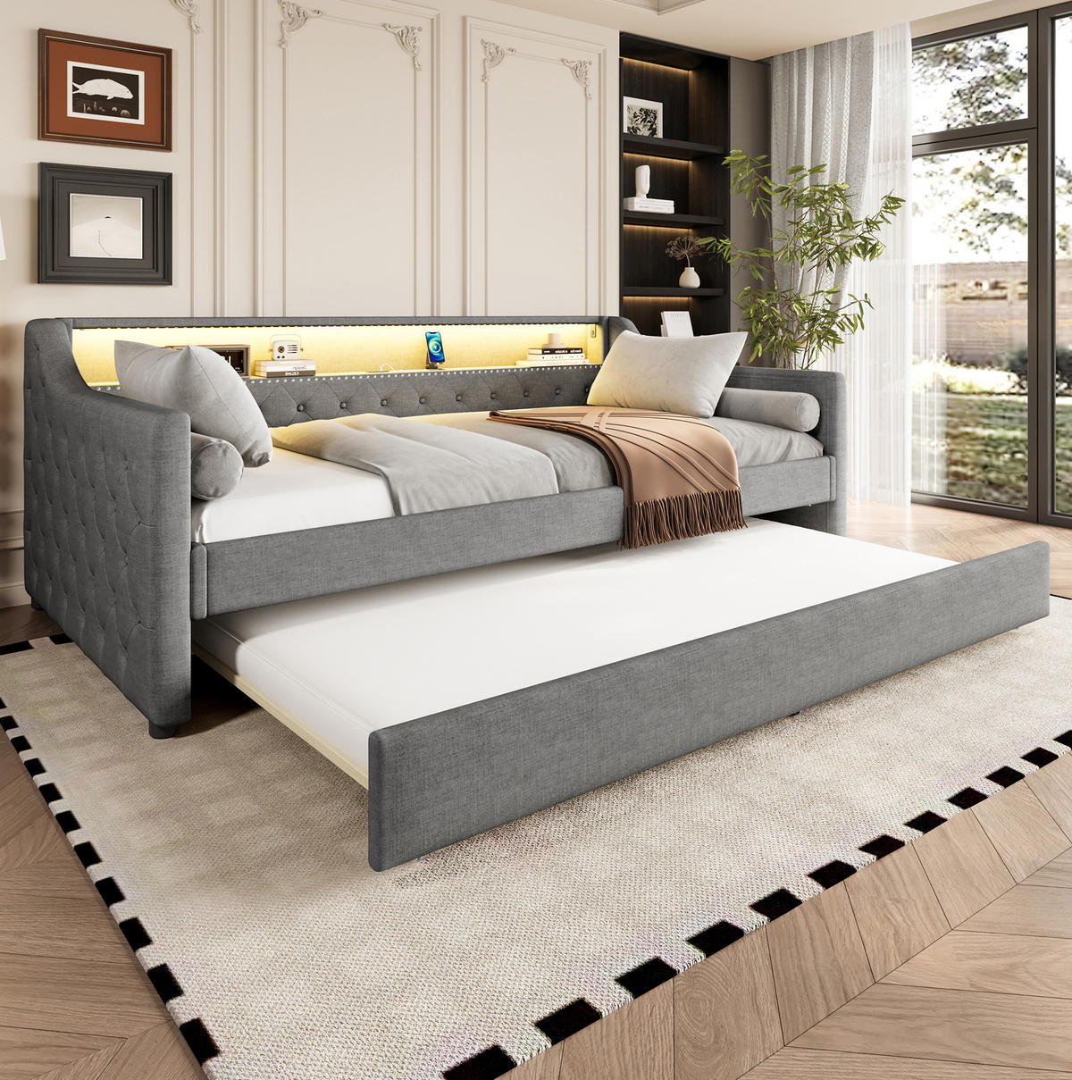 POLSTERBETT 90/200 cm Grau aus Leinen und MDF mit Ausziehbett, LED-Beleuchtung und USB-Ladeanschluss - Grau, Textil (90/200cm) - OKMYHOME