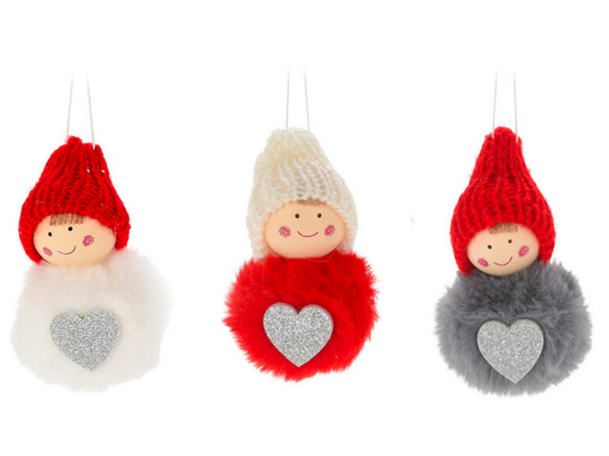 WEIHNACHTSDEKO 3er-Set Mädchen mit Herz verschiedene Designs, 9 cm - Rot/Weiß, Textil (20/10/30cm) - LAALU
