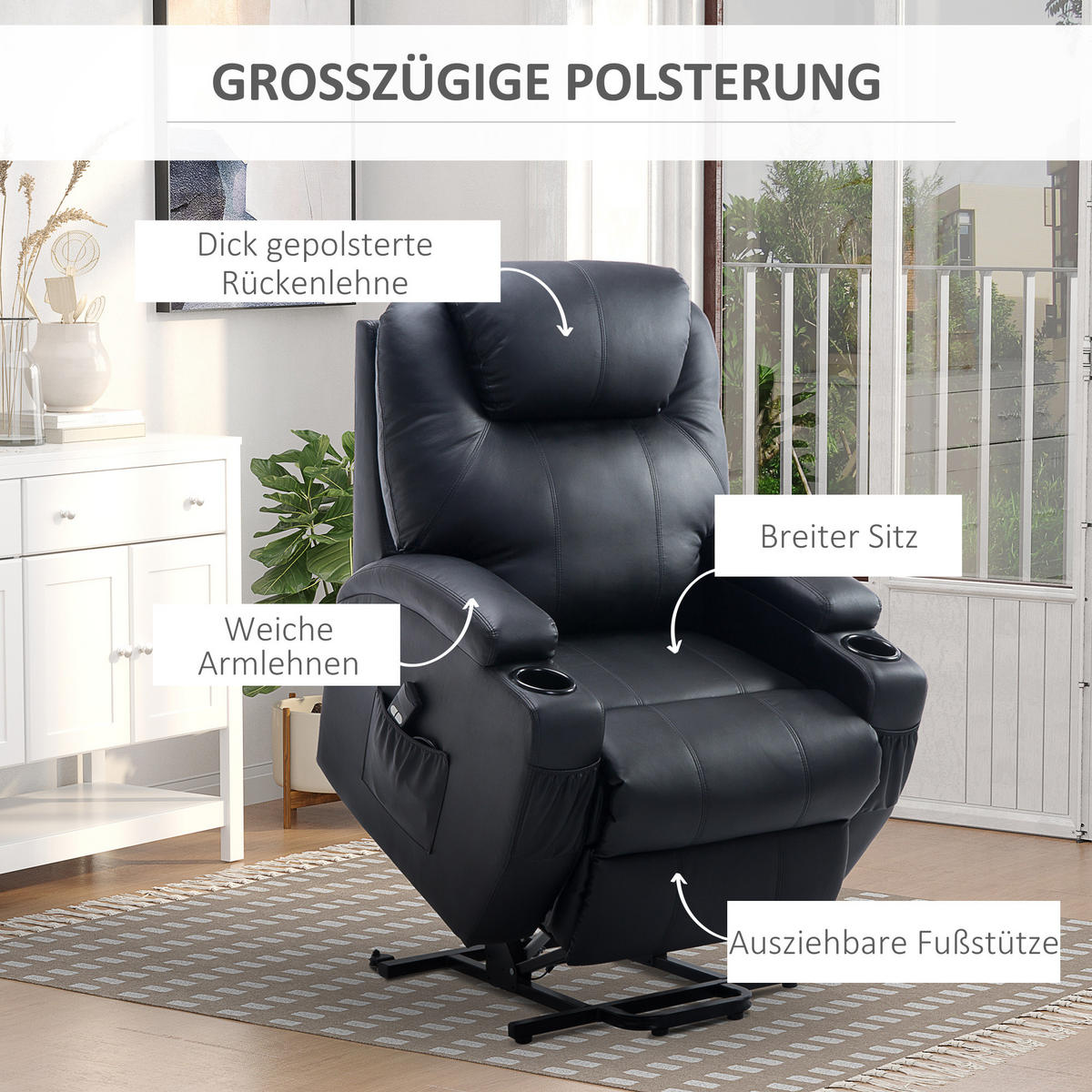 SESSEL mit Aufstehhilfe, Schwarz - Schwarz, Kunststoff (92/109/84cm) - HOMCOM