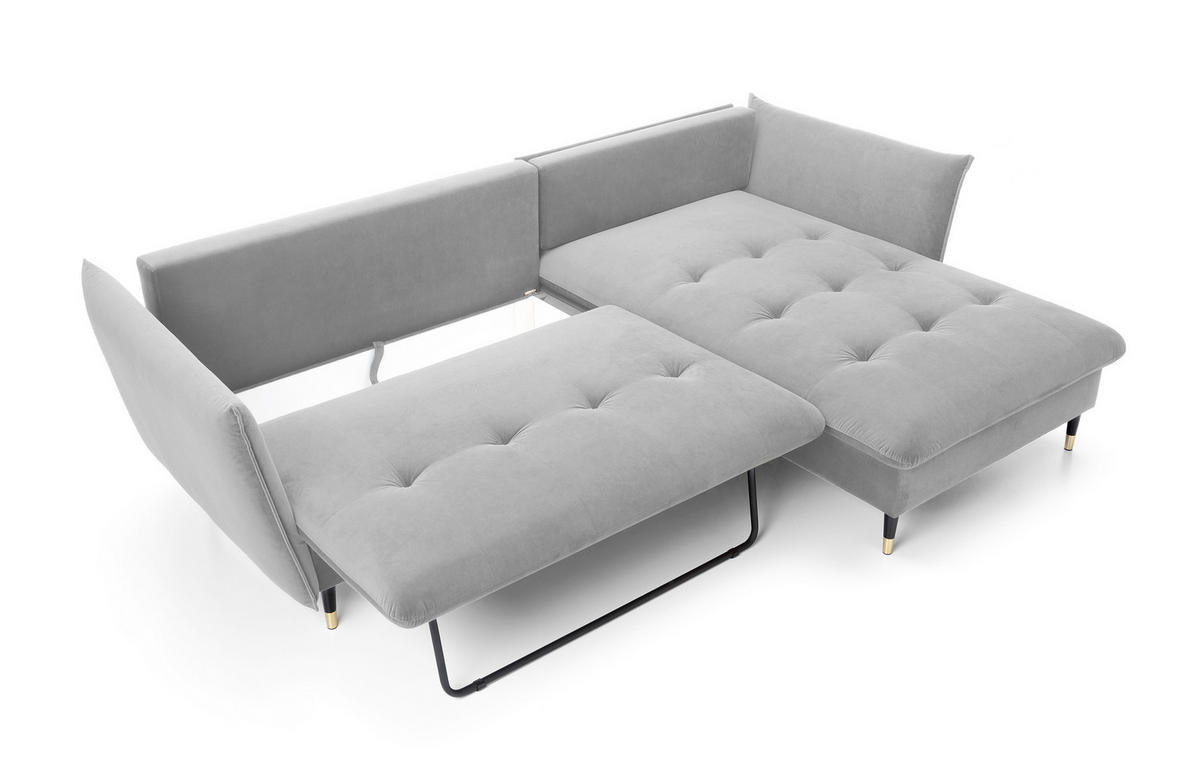 ECKSOFA GLAM mit Schlaffunktion, Ottomane & goldenen Füßen – Samtsofa im Glamour-Stil mit Zierkissen, 258x167x91 cm, rechte, hellgrau​ - Hellgrau, Holz/Textil (258/167cm) - DomoHome