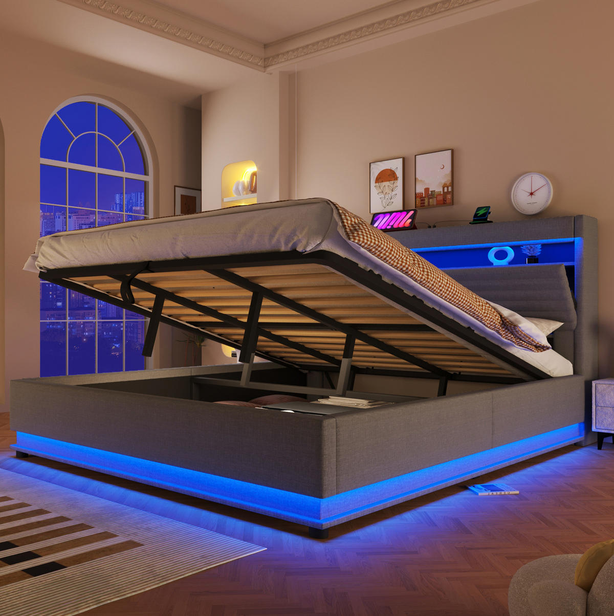 POLSTERBETT 180/200 cm Grau mit LED-Beleuchtung, USB- und Typ-C-Anschluss, hydraulischem Stauraum und Leinenbezug - Grau, Textil (180/200cm) - OKMYHOME