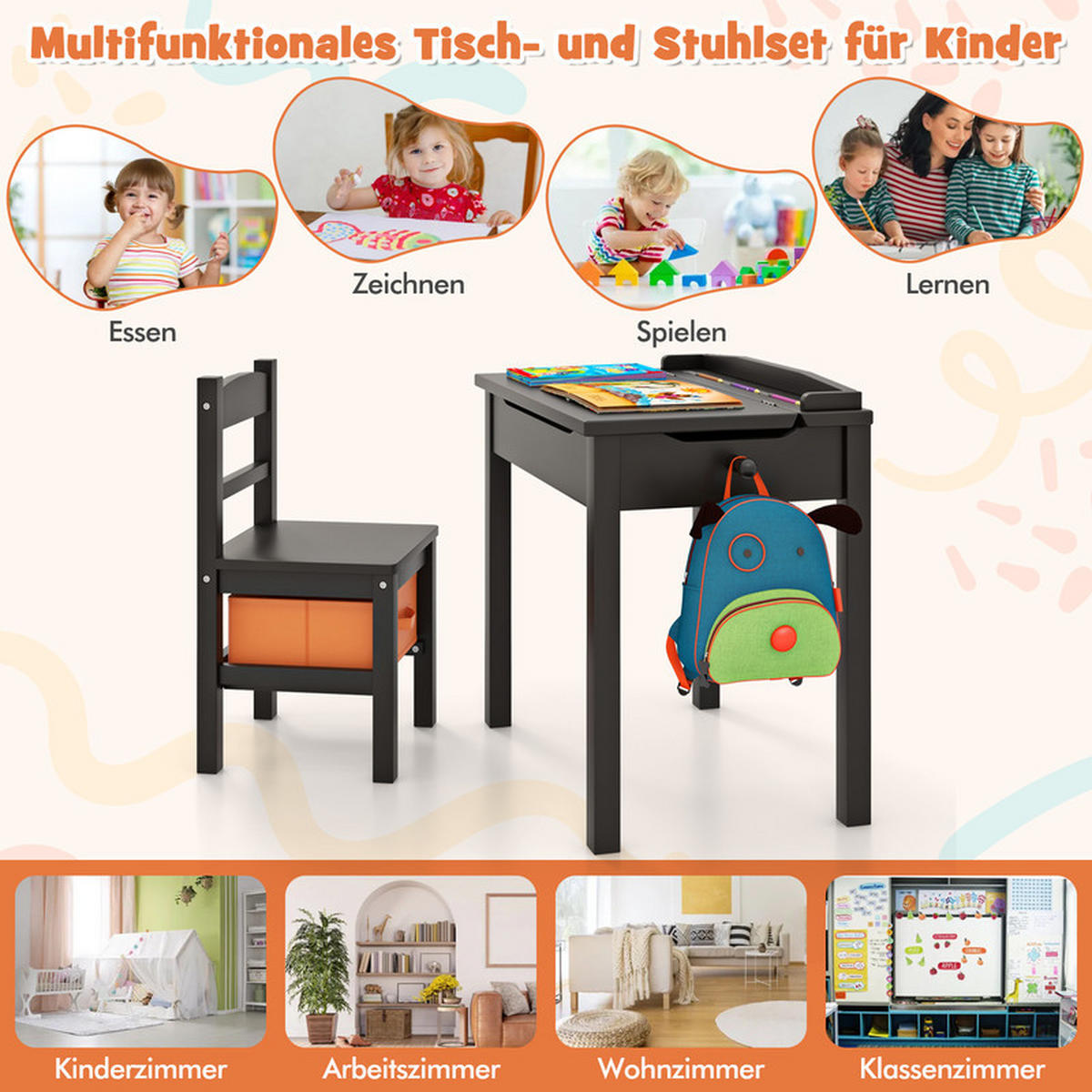 KINDERTISCH‑SET aus Massivholz braun(2-tlg) - Braun, Holz (59/55/40cm) - COSTWAY
