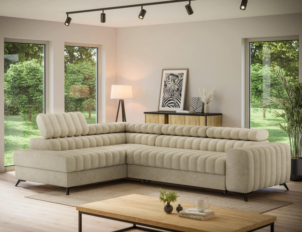 KANEDO Ecksofa mit Schlaffunktion und Bettkasten – Modernes Designsofa, verstellbare Kopfstützen, Metallfüße - Beige, Kunststoff (269/86cm) - Wohnideebilder