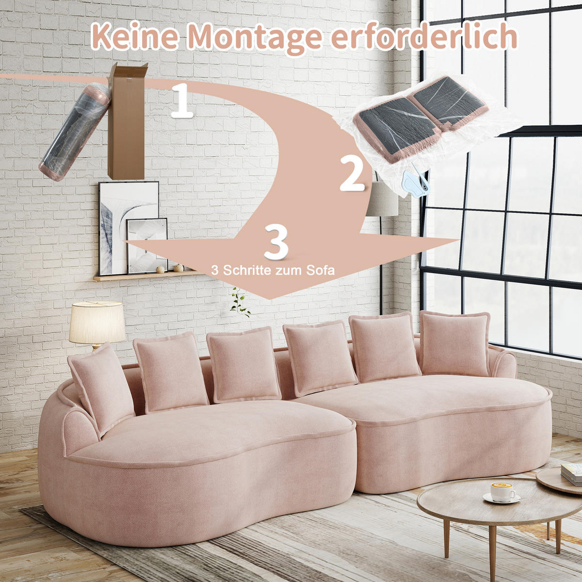 4-SITZER Sofa 320×114×67 cm aus Chenille-Stoff rahmenlos montagefrei, rosa - Rosa, Textil (114/67/320cm)