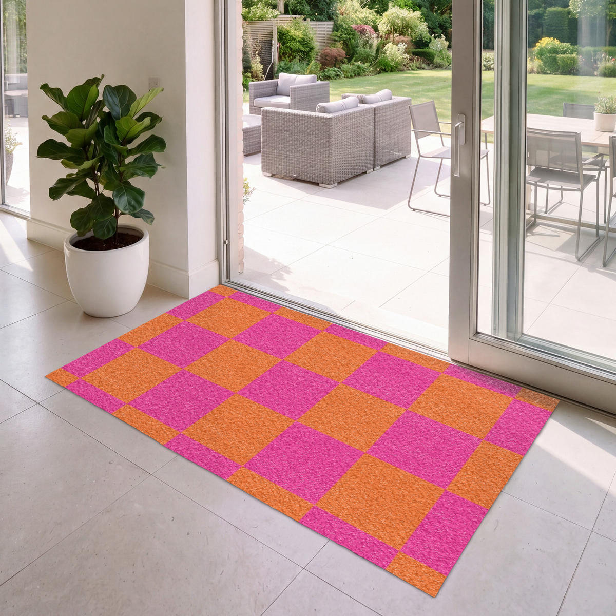 FUSSMATTE Schachbrettmuster - Orange - Rosa - Blöcke Schmutzfangmatte 150x90 cm - Pink, Kunststoff (150/90cm) - MuchoWow