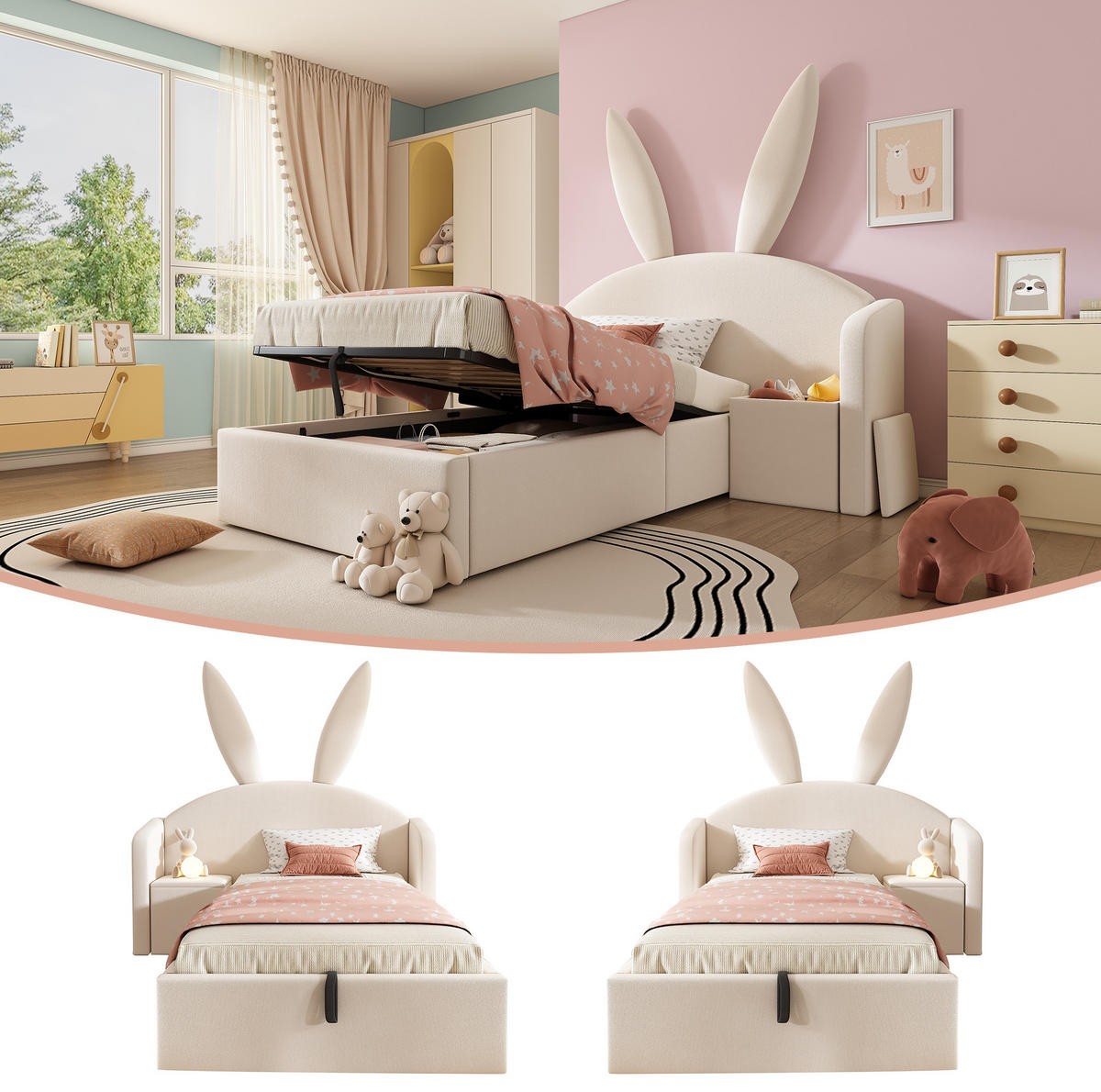 JUGENDBETT 90/200 cm aus Samt, Holz und Metall mit Bettkasten und Nachttisch Beige - Beige, Textil (90/200cm) - Modenvie