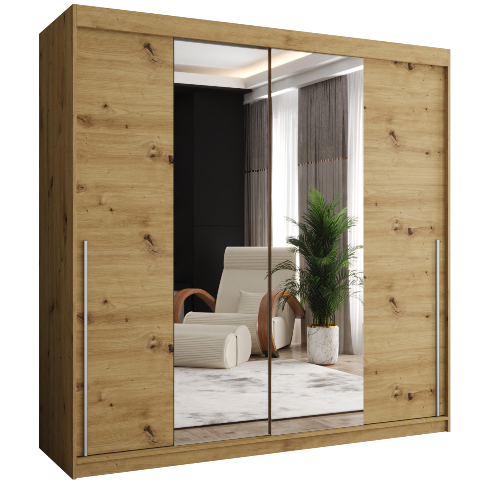 SCHIEBETÜRENSCHRANK mit Spiegel 200 cm Breite Artisan mit silbernem Griff - Silberfarben/Eiche Artisan, Holzwerkstoff (200/200/62cm) - Home Collective