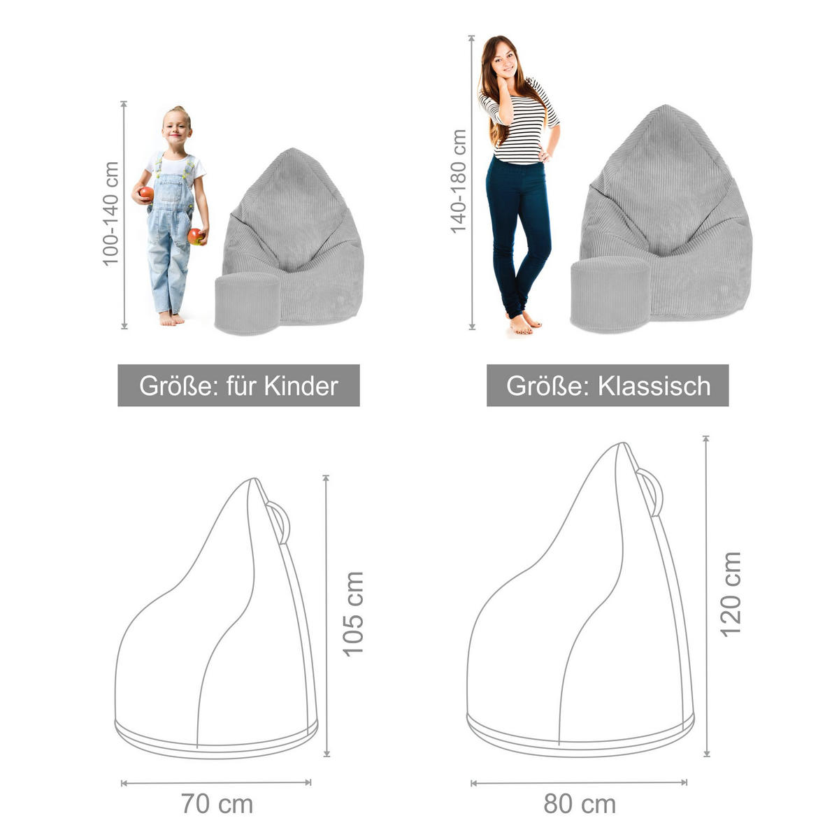 SITZSACK MIT FUßSTÜTZE Kordsamt 2-tlg Cool Gray S - Hellgrau, Textil (70/105/70cm) - Dreamroots