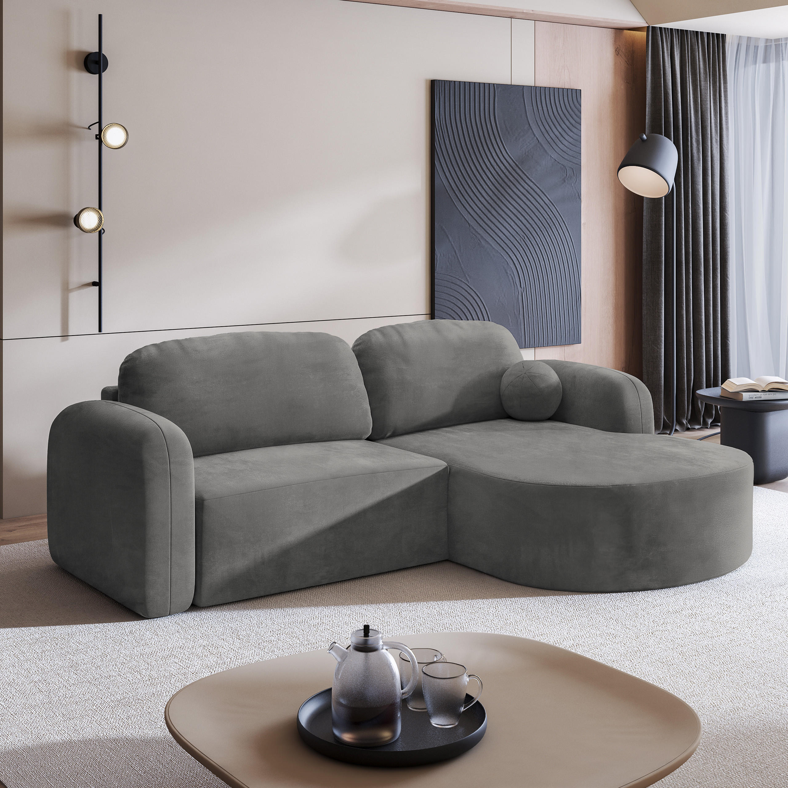 ECKSOFA AMILIA M R-S Grau Velours-Stoff mit Schlaffunktion - Grau, Holz (263/174cm) - MASSENO