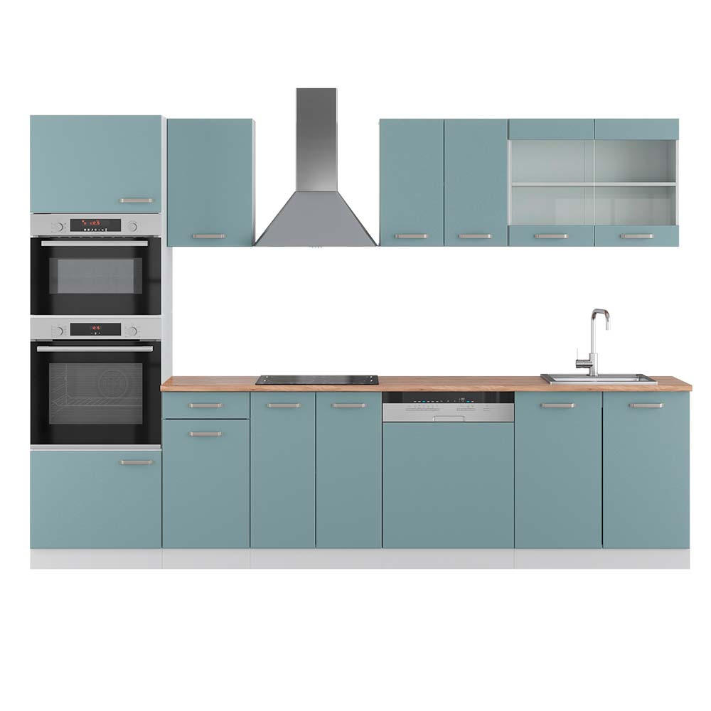 KÜCHENZEILE R-Line Blau-Grau/Weiß 300 cm mit Hochschrank, AP Eiche - Blaugrau/Weiß, Holzwerkstoff (300/81.6/60cm) - Vicco