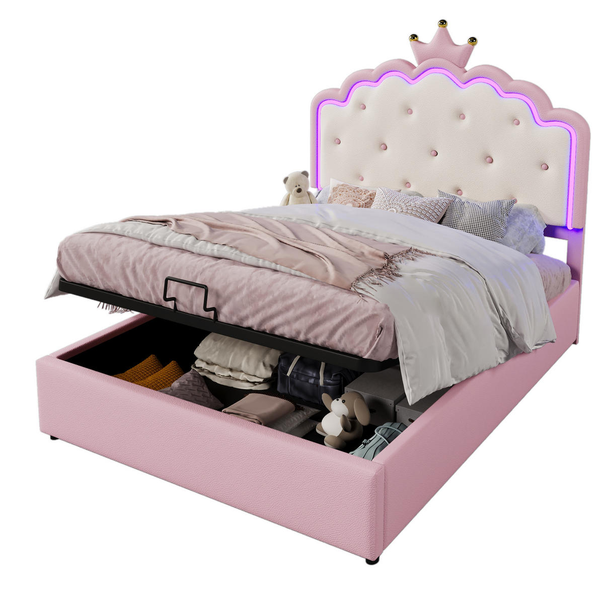 POLSTERBETT 140x200cm Rosa PU Kronprinzessinnenform Hydraulik LED-Licht - Pink, Holz (140/200cm) - FLIEKS