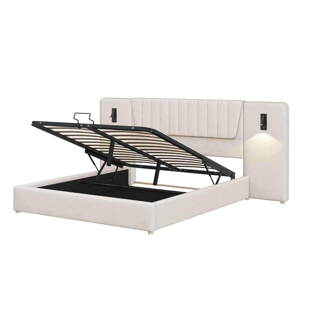 POLSTERBETT 180/200 cm in Beige Samt mit Bettkasten, Leselampen und USB - Beige, Holzwerkstoff/Textil (180/200cm) - WISHDOR