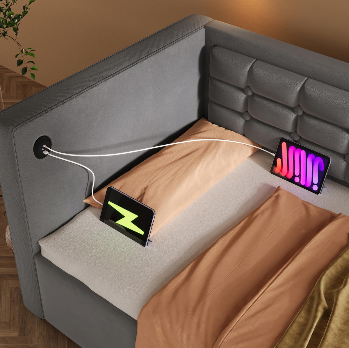 BETT 90/200 cm Grau aus Samt mit Stauraum und USB/Type-C - Grau, Textil (90/200cm) - OKMYHOME