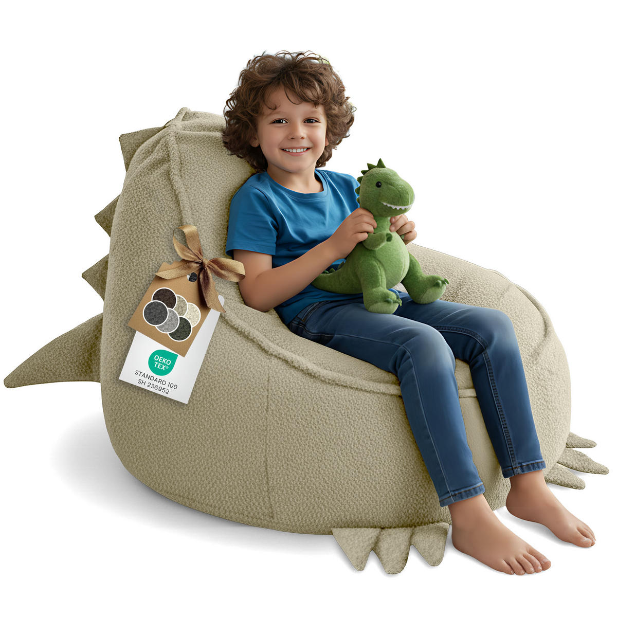 SITZSACK FÜR KINDER Dino 75/75/55 cm, weicher Bouclé 315 g/m², abnehmbarer Bezug, Toasted Almond - Beige, Textil (75/55/75cm) - Dreamroots