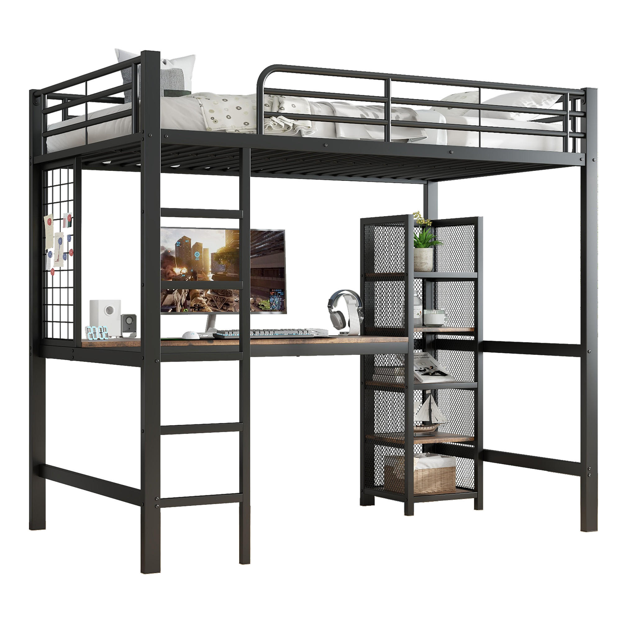 HOCHBETT 90/200 cm schwarz aus Metall mit Tisch und Regal mit Metallgitter - Schwarz, Holzwerkstoff (90/200cm) - OKWISH