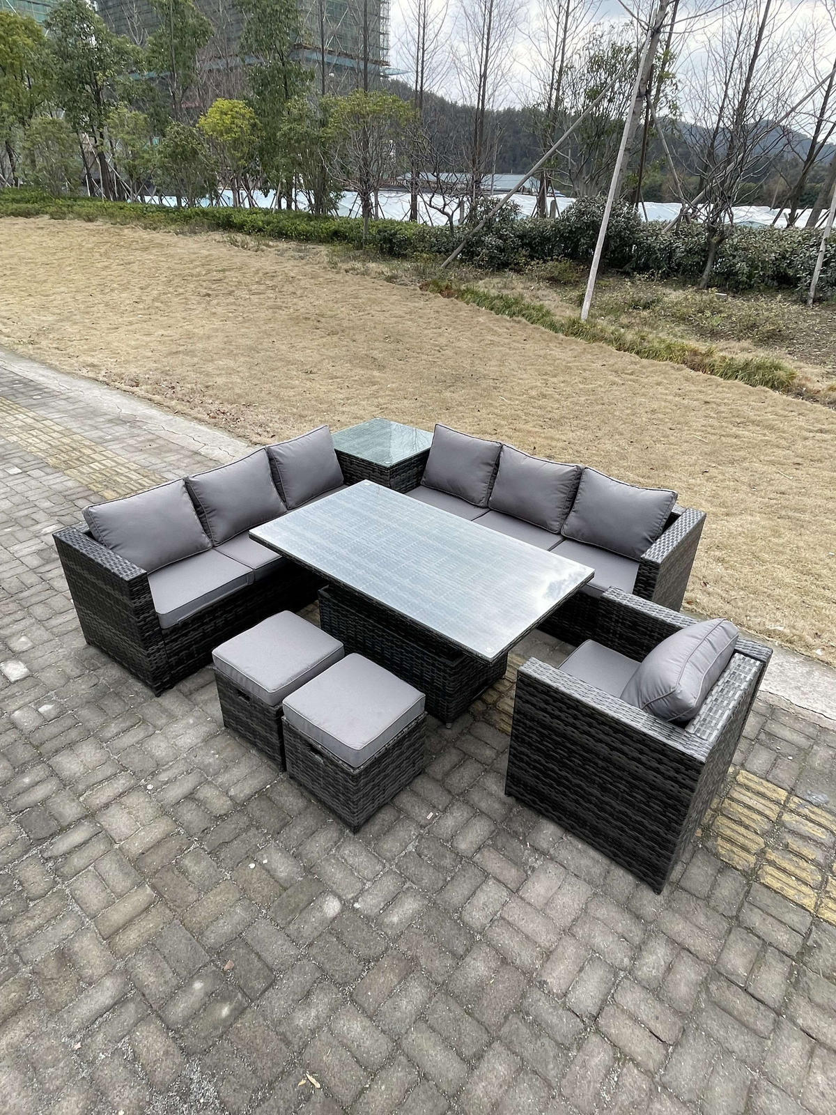 GARTENMÖBEL-SET HÖHENVERSTELLBARER ESSTISCH 3 SITZER SOFA HOCKER Polyrattan Outdoor 9-Sitzer - Dunkelgrau/Grau, Glas/Kunststoff - Fimous
