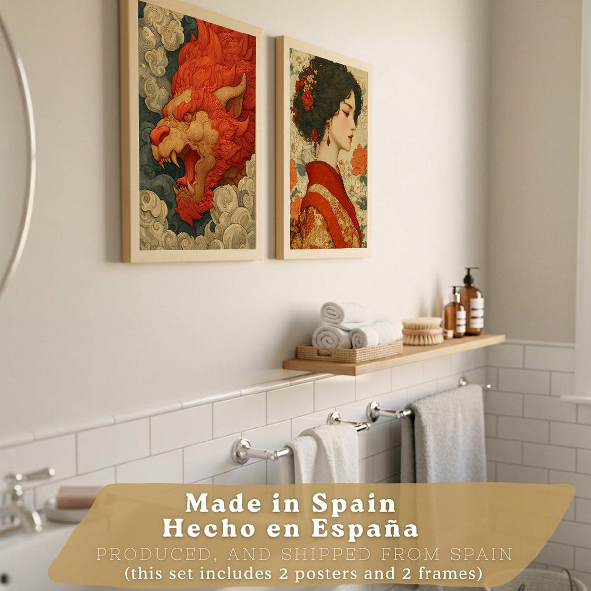 PLAKÁT Sada 2 dekorativních koupelna-Kunstdrucke japonském pro hůlku Sprcha Toilette mit Orientalischem Drachen & Frau Lehký dřevěný rám A3 - béžová, papír (42/29.7/3cm) - Nacnic