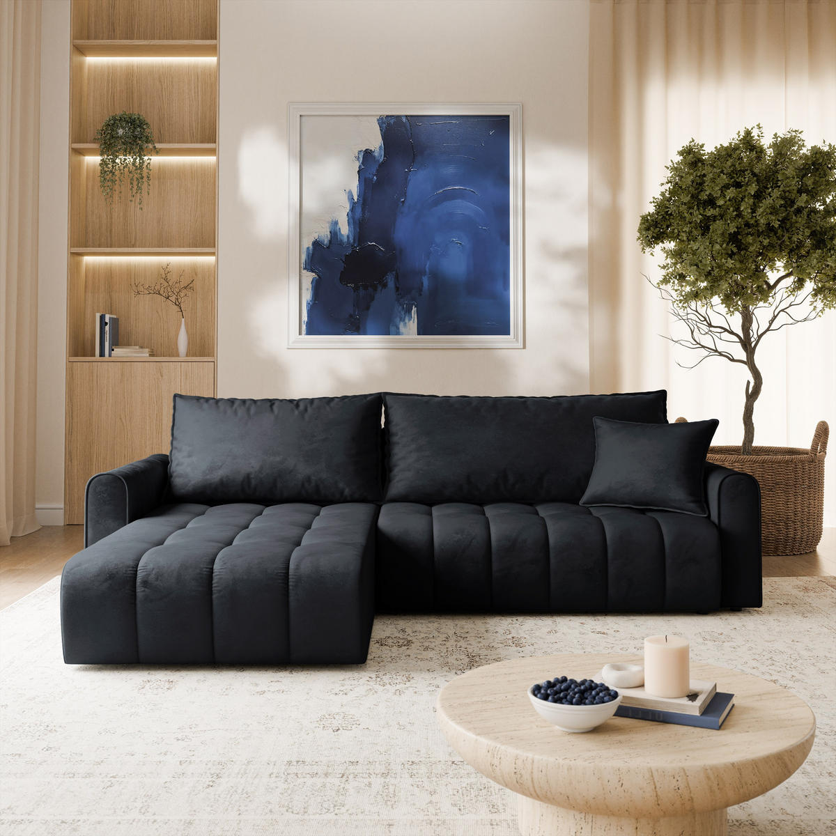 ECKSOFA FRIGA Schwarz Velours-Stoff mit Schlaffunktion - Schwarz, Holz (283/185cm) - MASSENO
