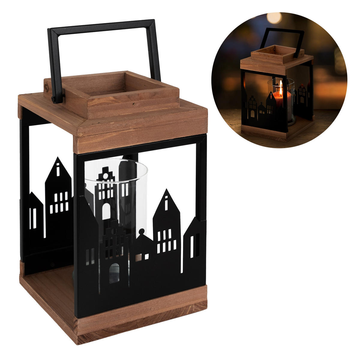 HOLZLATERNE 22cm mit Kerzenständer und Henkel Metall/Glas Stadt Muster - Braun, Holz (14/28/14cm) - ECD-Germany