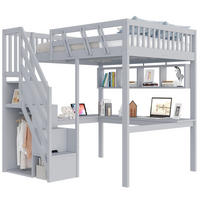 HOCHBETT 140x200 cm Grau mit Schreibtisch, Stauraumtreppe, LED-Beleuchtung und Steckdosen - Grau, Holz (140/200cm) - IVMEU