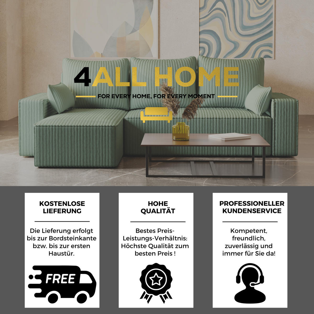 ECKSOFA Tobi mit Bettkasten und Schlaffunktion, L-Form/XL-Form, Cordstoff, Universal - Mintgrün, Holzwerkstoff (246/145cm) - 4ALL HOME