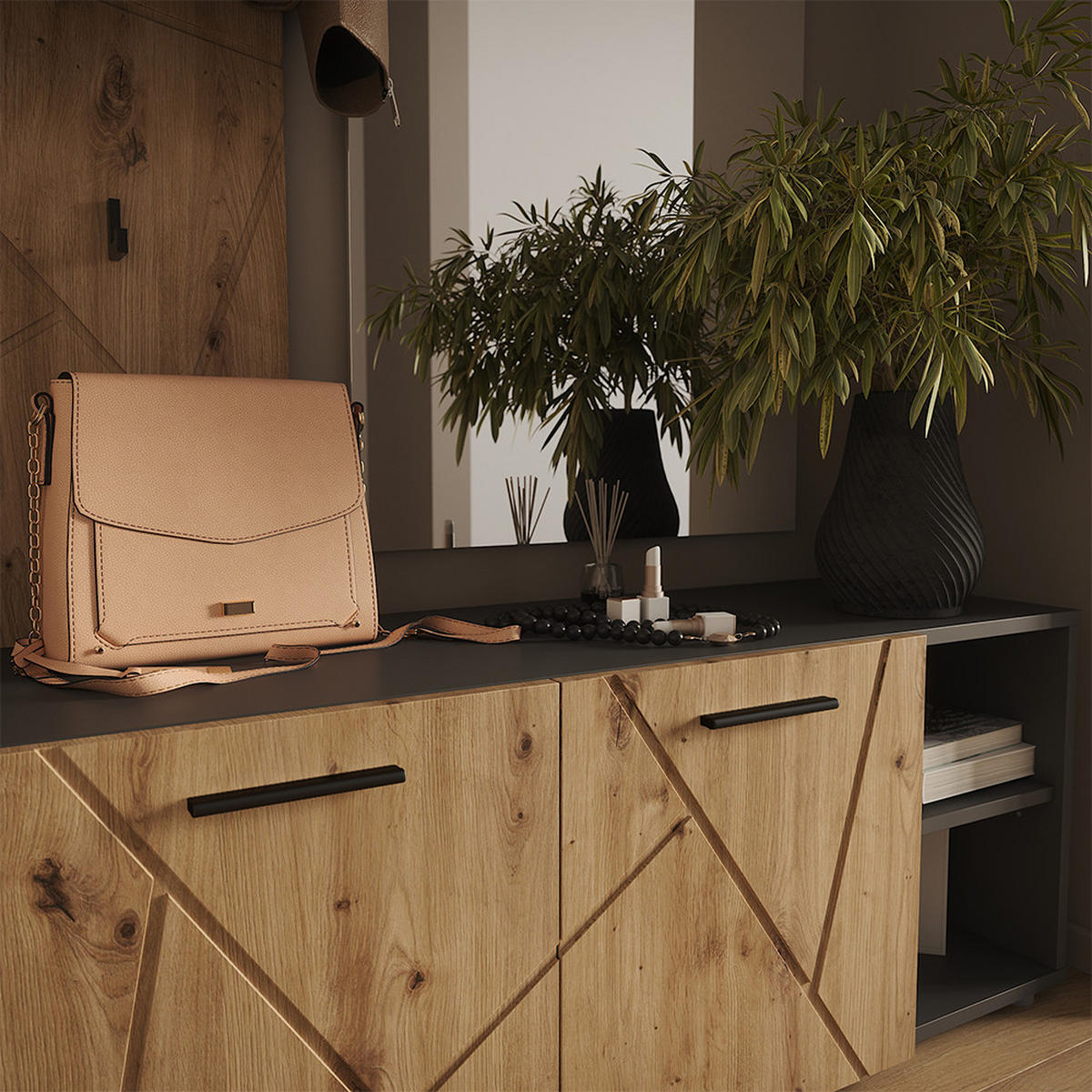 GARDEROBE Irma Anthrazit/Artisan 106 x 43 cm Set mit Schuhschrank und Garderobenpaneel - Anthrazit, Holzwerkstoff (106/43/37cm) - Vicco