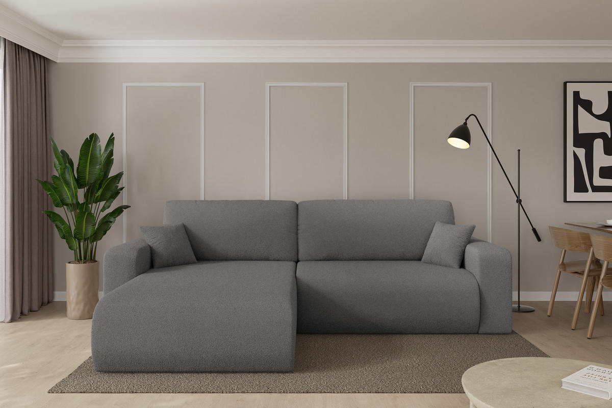 ROHOVÁ SEDAČKA s funkcí spaní, otoman vlevo BERY-L 276x193x88 šedá bouclé - šedá/černá, kompozitní dřevo/textil (276/193cm) - ALTDECOR
