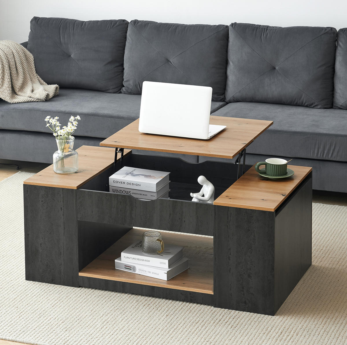 KONFERENČNÍ stolek z MDF 109,5x43x59,7 cm šedý/hnědý s výškovým nastavením a úložným prostorem - šedá, kompozitní dřevo (109.5/59.7/57.4cm) - Modfu