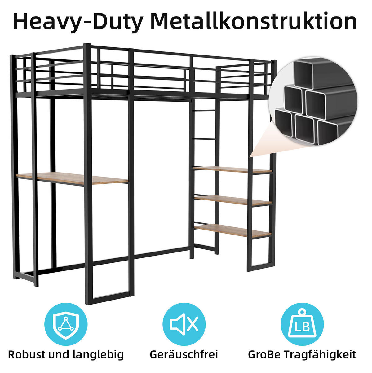 ETAGENBETT 90/200 cm schwarz aus Eisen mit Schreibtisch und beidseitiger Leiter - Schwarz, Metall (90/200cm) - OKWISH