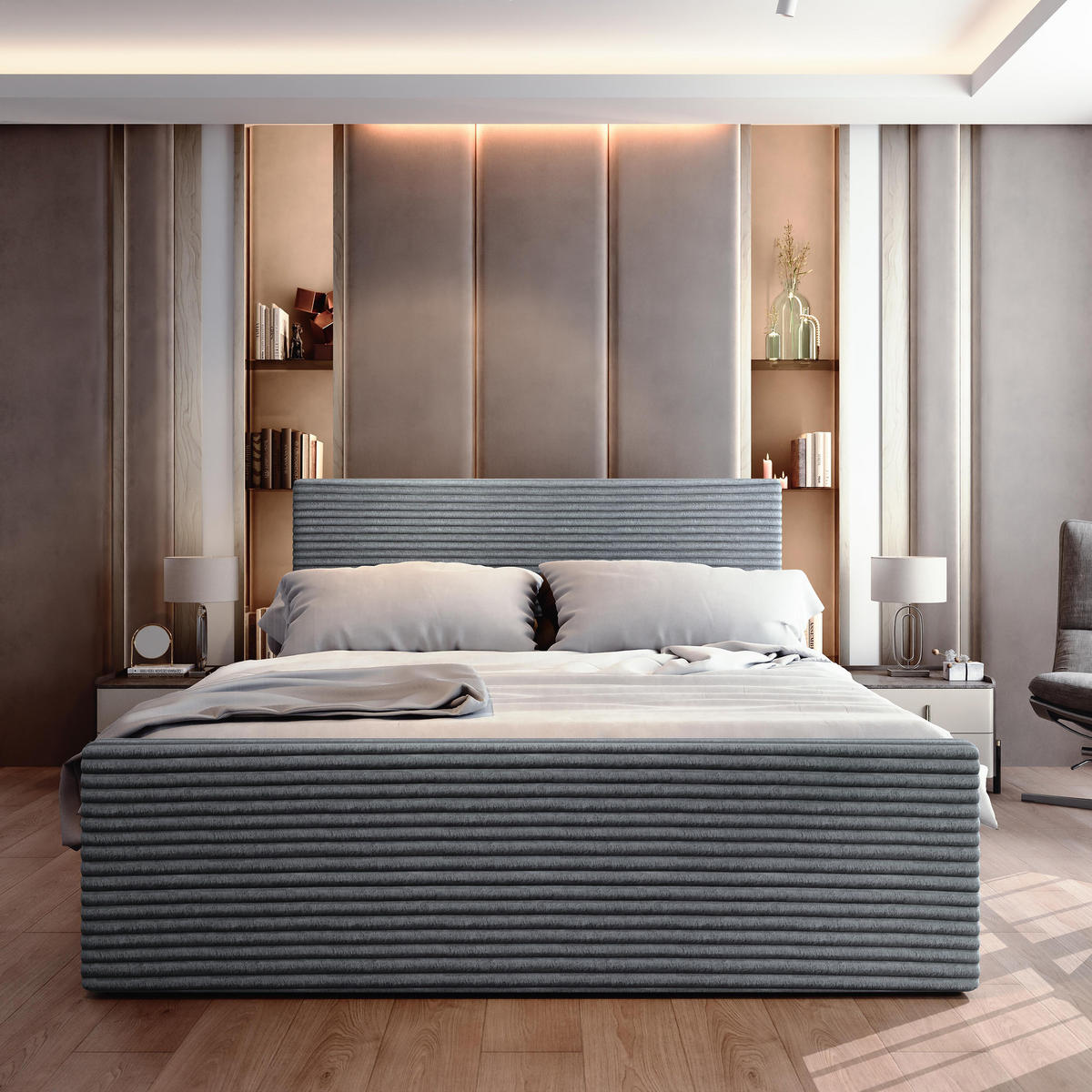 BOXBETT BRENTO 160x200 cm mit Matratze und Topper - Grau - Grau, Holz (160/200cm) - MASSENO