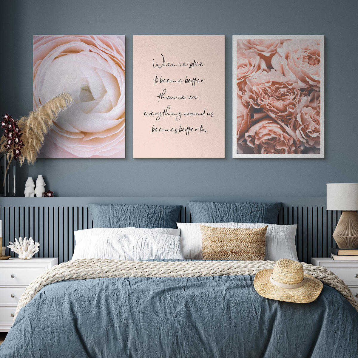 LEINWANDBILDER 3-er Set Blumen 3D Zitate - Beige/Schwarz, Textil (90/40cm) - Muralo