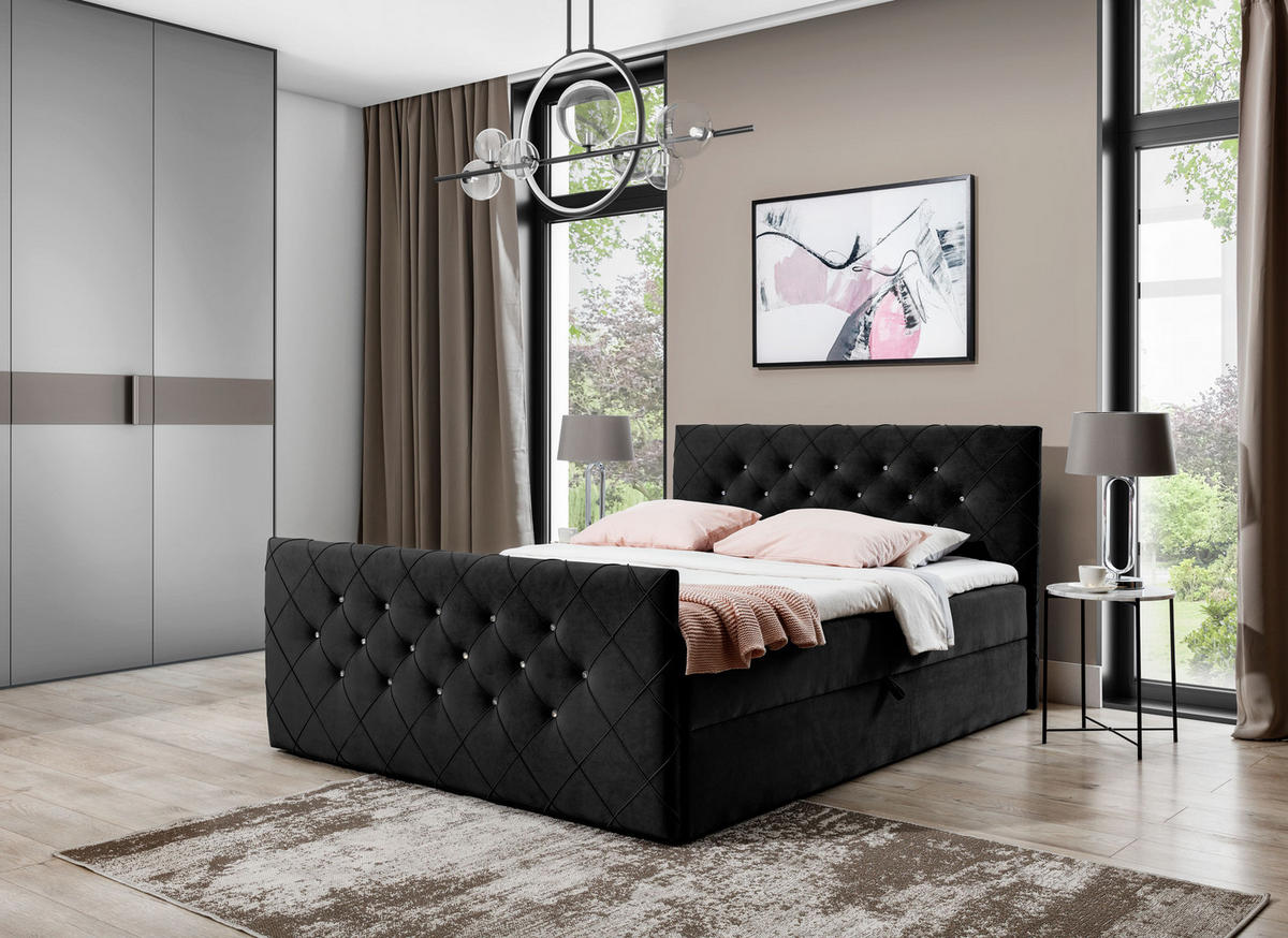 BOXBETT MALAGA 120x200 Schwarz Velvet - H3 - Schwarz, Textil (120/200cm) - AN-Moebel 4u