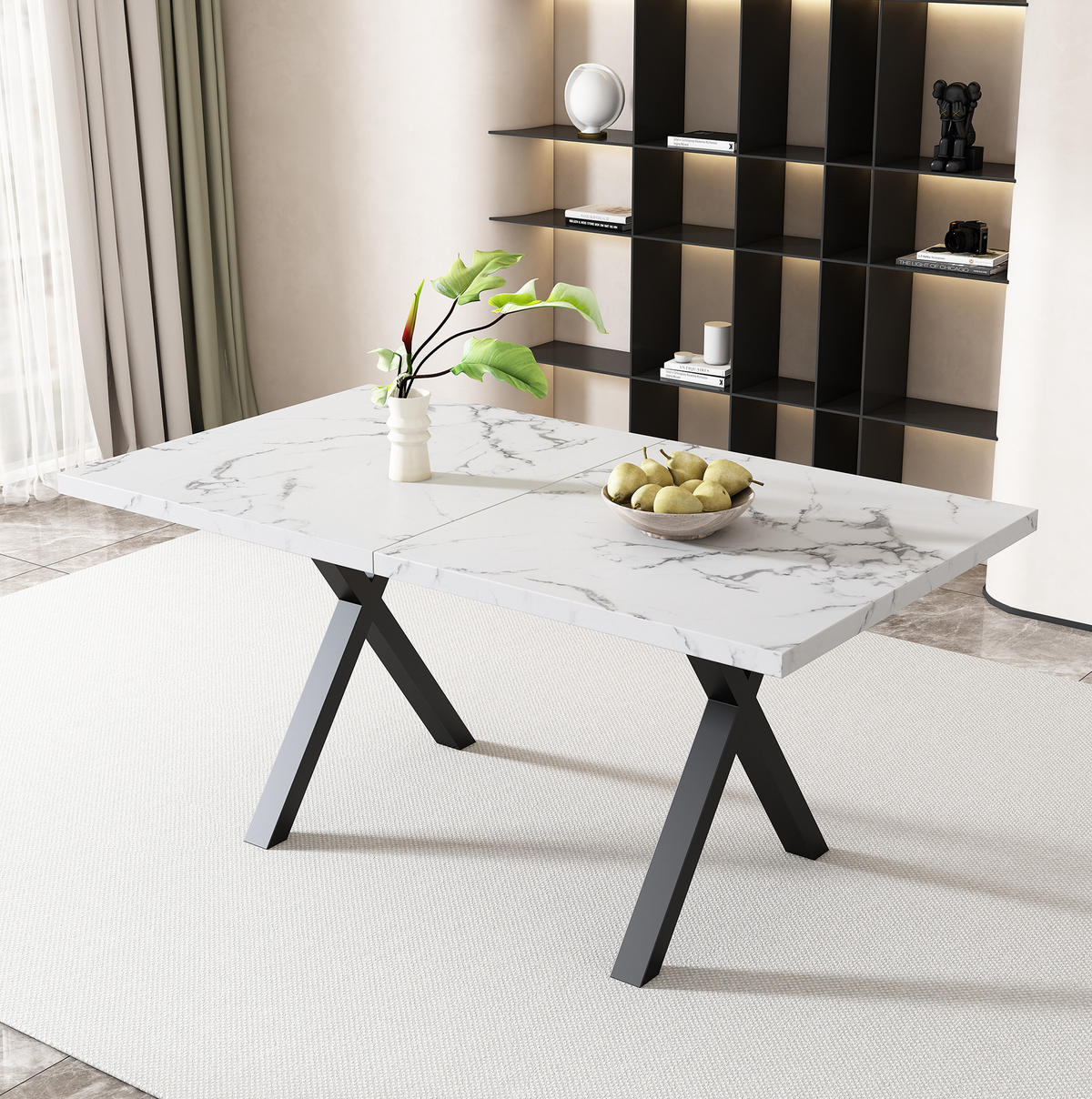 ESSTISCH 140/80/76 cm Weißer Marmorlook mit Kreuzgestell aus MDF und Metall - Weiß, Holzwerkstoff (140/80/76cm) - OKWISH