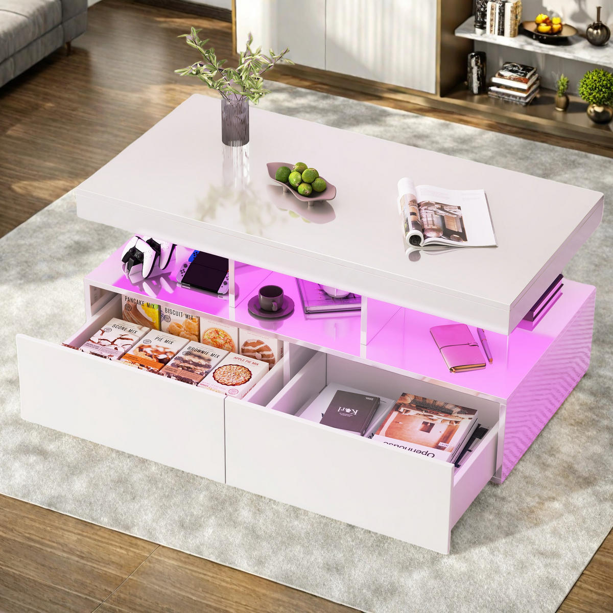 COUCHTISCH mit LED Stauraum Schublade 104x53x46 cm - Weiß, Holzwerkstoff (104/53/46cm) - SHOPENTRA