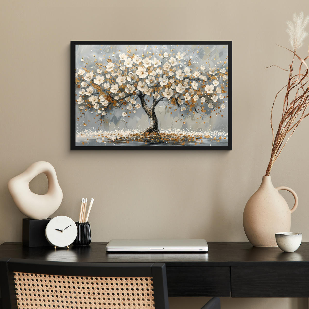 POSTER MIT RAHMEN Baum - Blumen - Weiß - Natur - Kunst 60x40 cm - Weiß, Papier (60/40cm) - MuchoWow