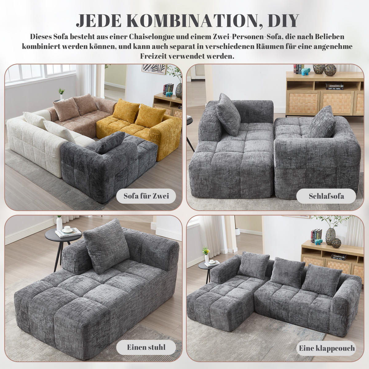 ECKSOFA Chenille Grau mit 3 Kissen und Seitentaschen - Grau, Textil (250/158cm) - WISHDOR