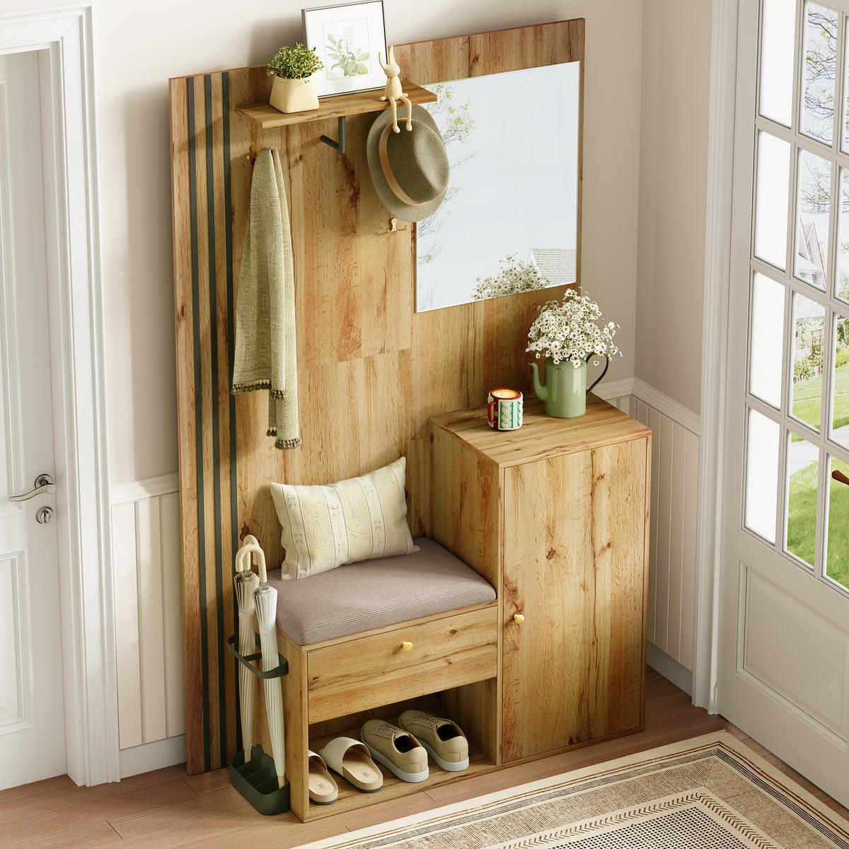 GARDEROBE-SET in Naturfarben Garderobenschrank mit Spiegel und Kissen für Eingangsbereich und Flur, B115/T37/H185 cm - Naturfarben, Glas/Holzwerkstoff (115/185/37cm) - STILVORA