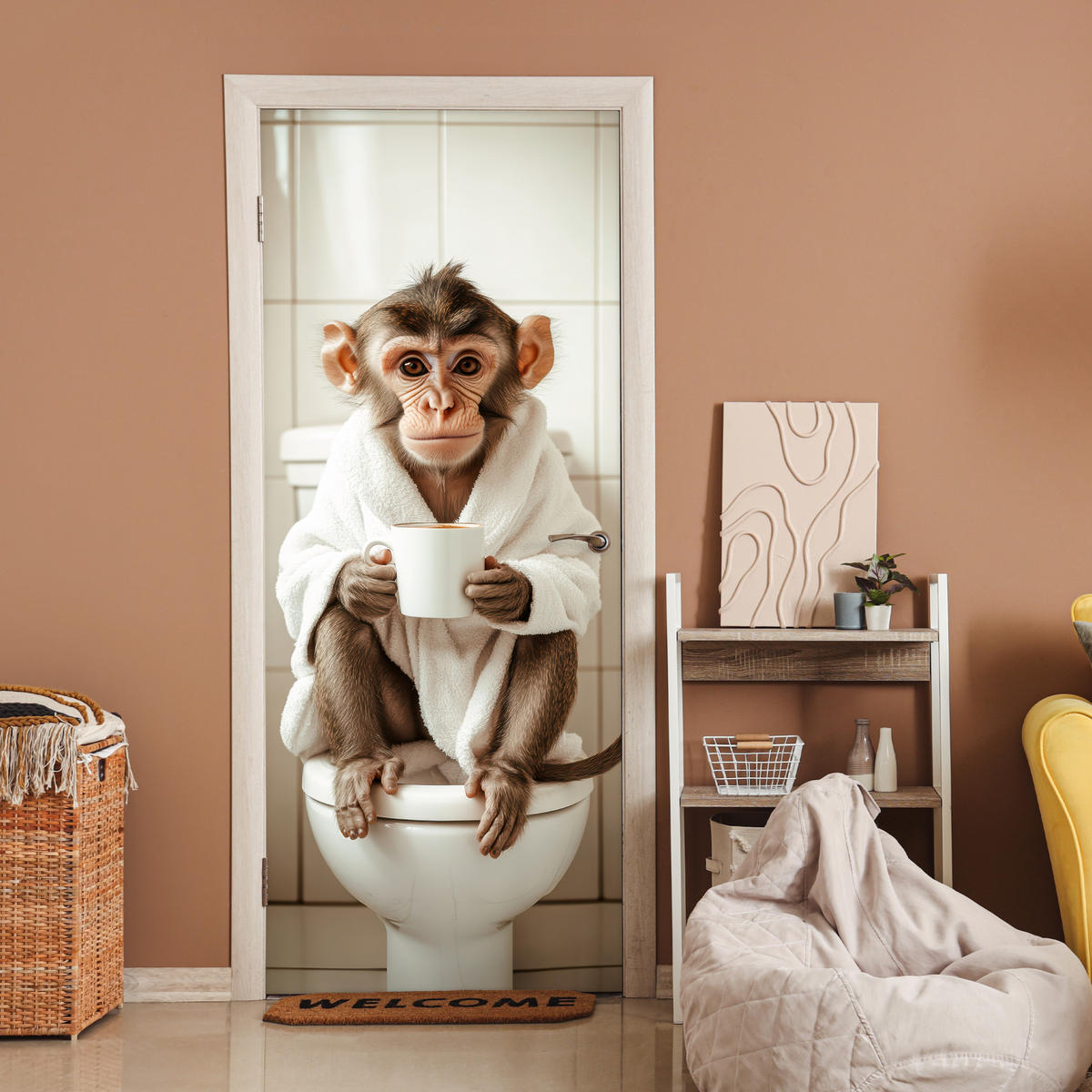 TÜRAUFKLEBER Affe - Modern - WC - Bademantel Fototapete 75x205 cm - Türtapete - Rosa, Kunststoff (75/0.1/205cm) - MuchoWow