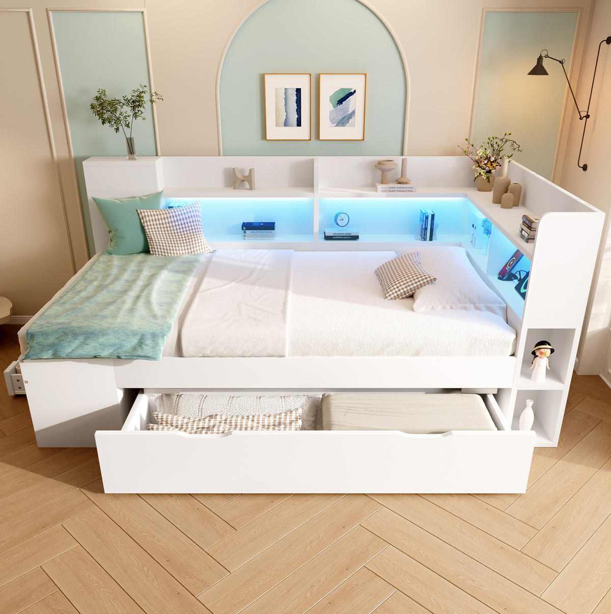 TAGESBETT 90/200 cm mit LED-Beleuchtung, USB- und Typ-C-Anschluss, Stauraum und Matratze, Weiß - Weiß, Holzwerkstoff (90/200cm) - Redom