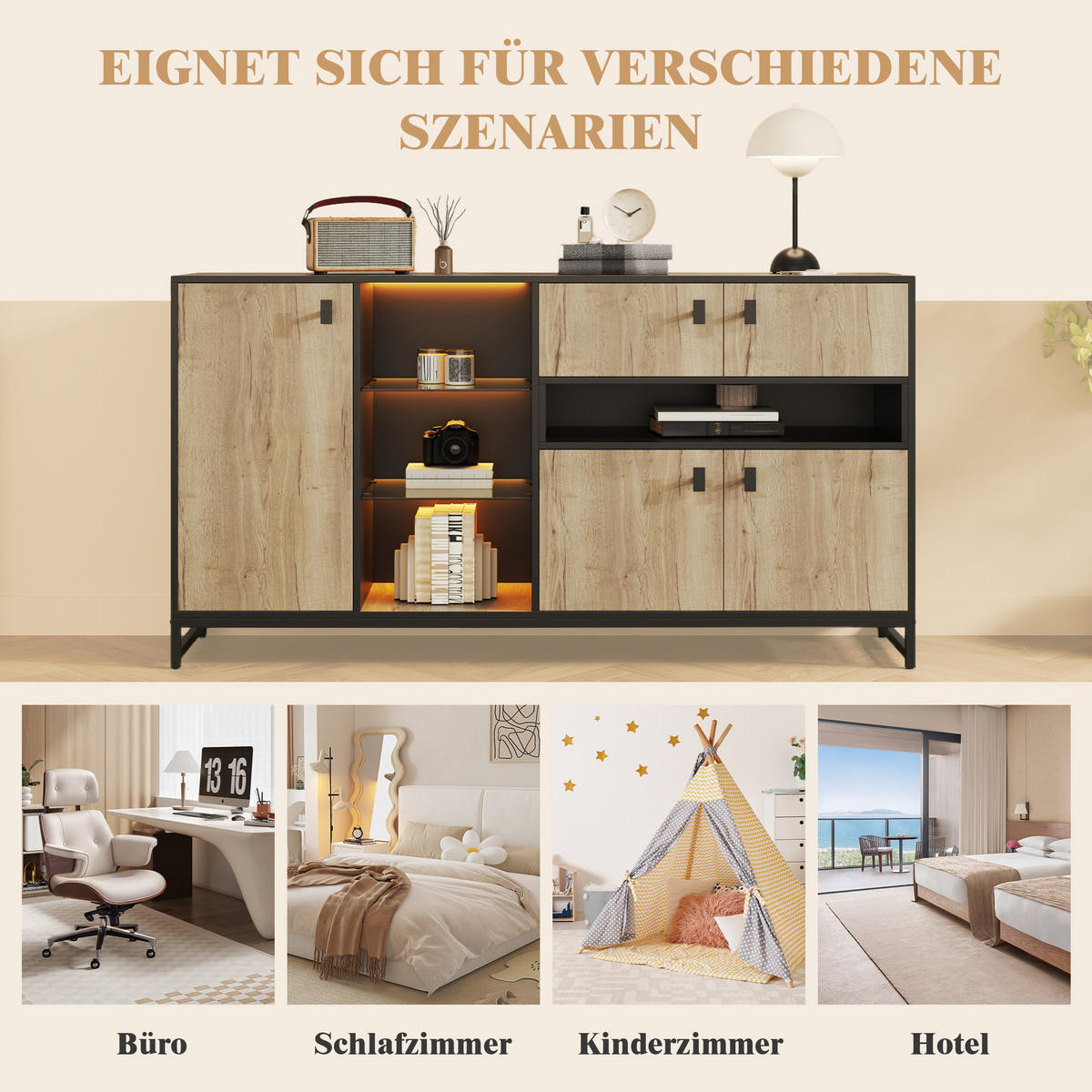 SIDEBOARD 160 cm Naturholz & Schwarz mit Doppeltüren, Glasregal & Metallrahmen im modernen Stil - Naturfarben, Holzwerkstoff (160/84.5/40cm) - Urban Meuble