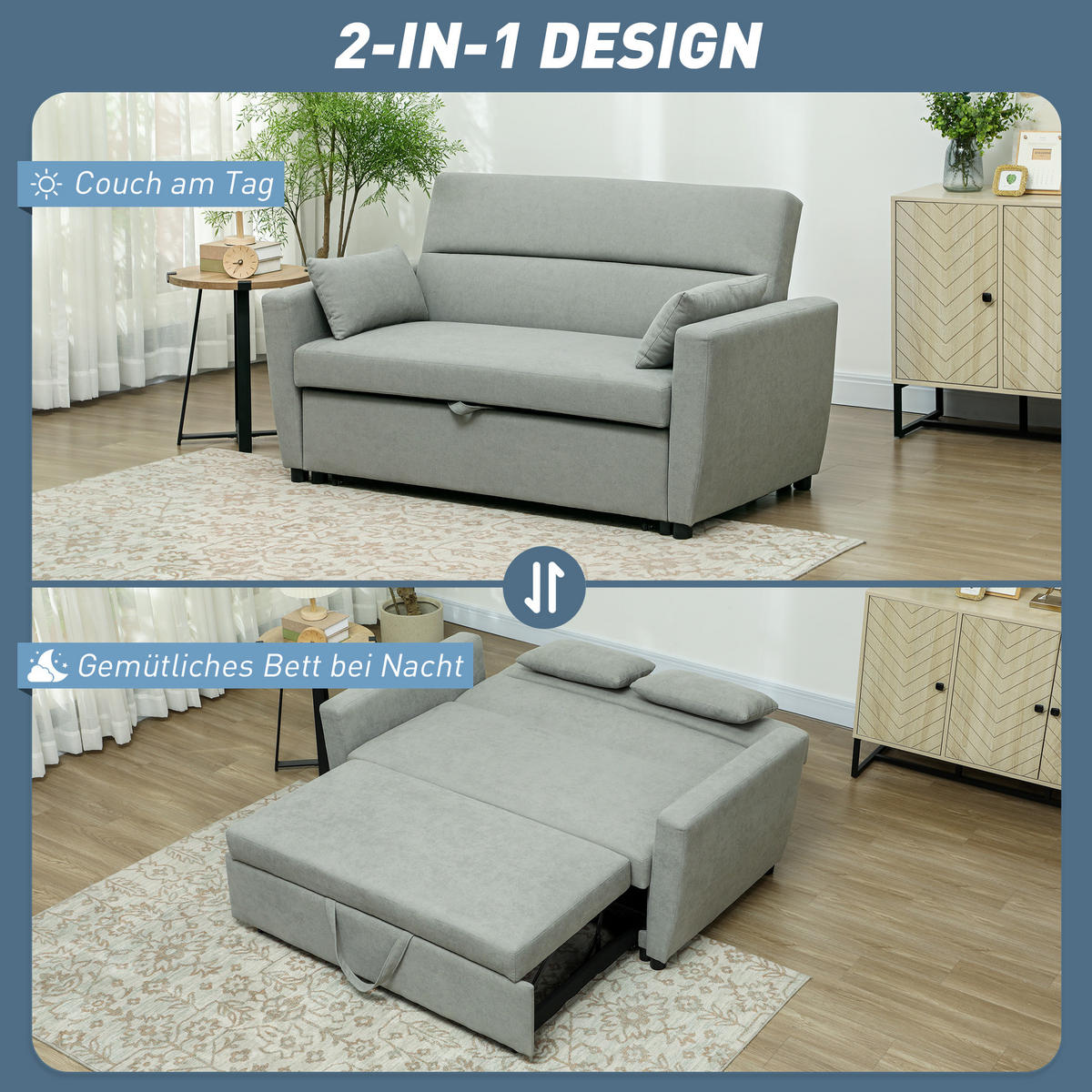 SCHLAFSOFA 2-Sitzer, Verstellbare Rückenlehne, Hellgrau - Hellgrau, Textil (155/88.5/90cm) - HOMCOM