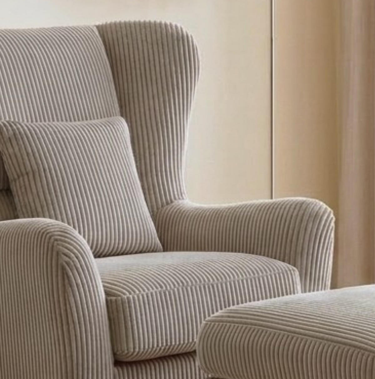 OHRENSESSEL mit HOCKER, hoher Sitzkomfort durch Taschenfederkern, Cord Taupe / 16144 - Taupe/Schwarz, Holz/Textil (89/95/79cm) - luma-home