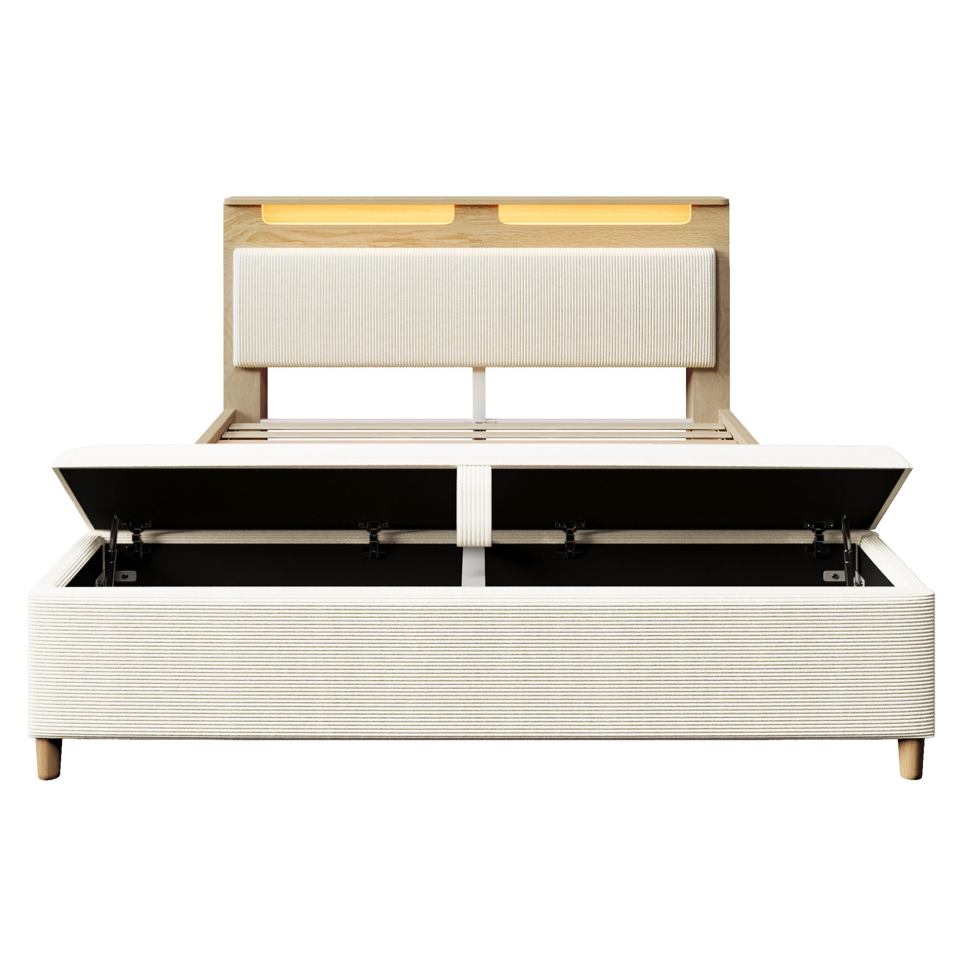 POLSTERBETT 160/200 cm mit LED-Beleuchtung, Kopfteil mit Stauraum und Bettbank, Beige - Beige, Holz (160/200cm) - Redom