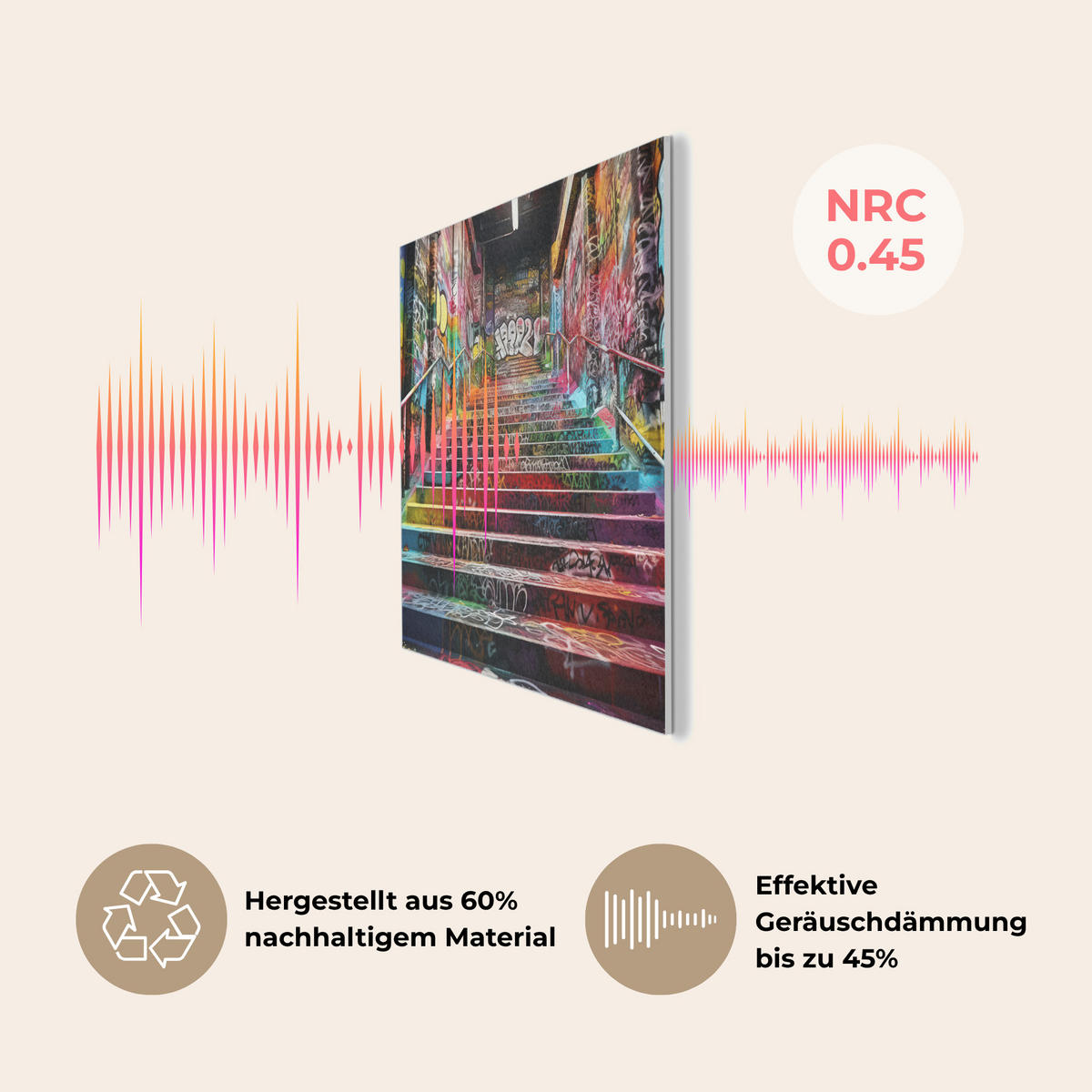 AKUSTIKPANEEL Treppe - Graffiti - Farben - Kunst 90x90 cm - Multicolor, Textil (90/0.9/90cm) - MuchoWow