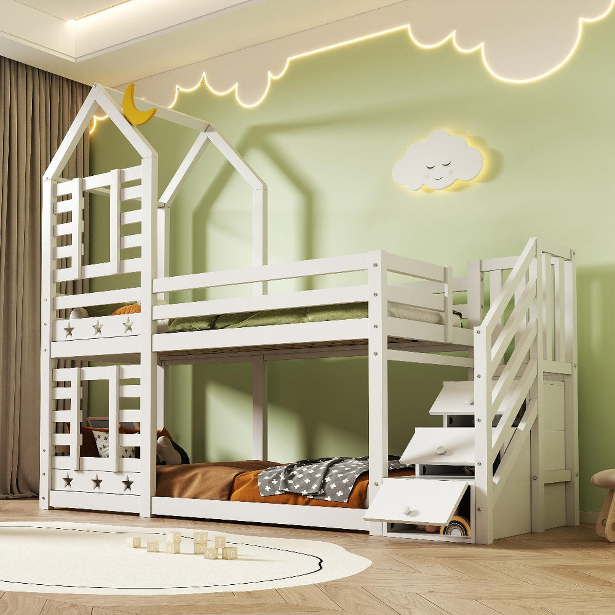HOCHBETT BAUMHAUS mit Schubladen, Rausfallschutz, Treppe, Kiefer Massivholz, Weiß, 96/257/217 cm - Weiß, Holz (90/200cm) - Rolipo